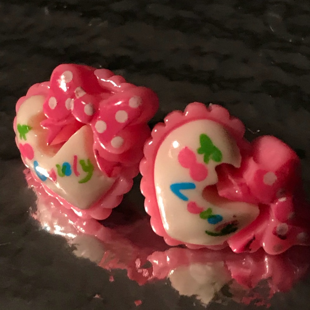 Candy heart ruffle pink white love earrings retro Lolita kawaii bow cute cherry - Picture 1 of 2